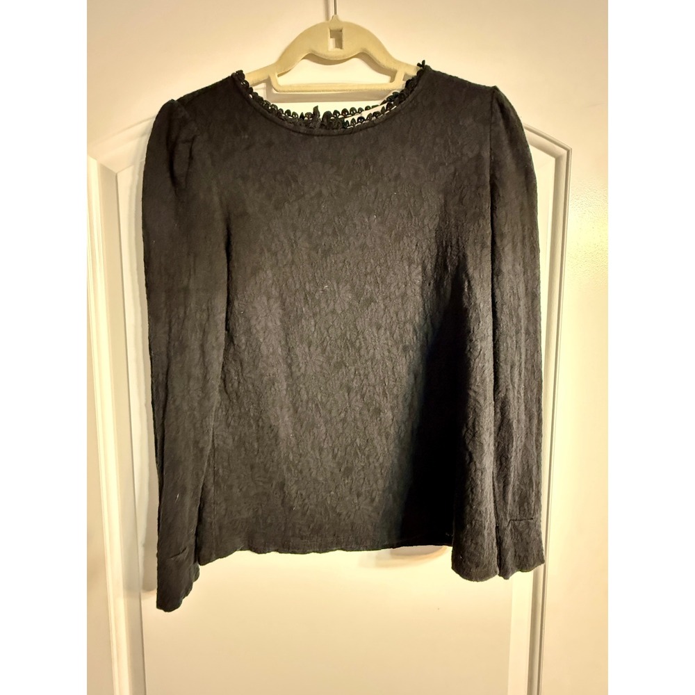 LOFT Floral Jacquard Top Small Black Scalloped Crochet Trim Romantic Goth